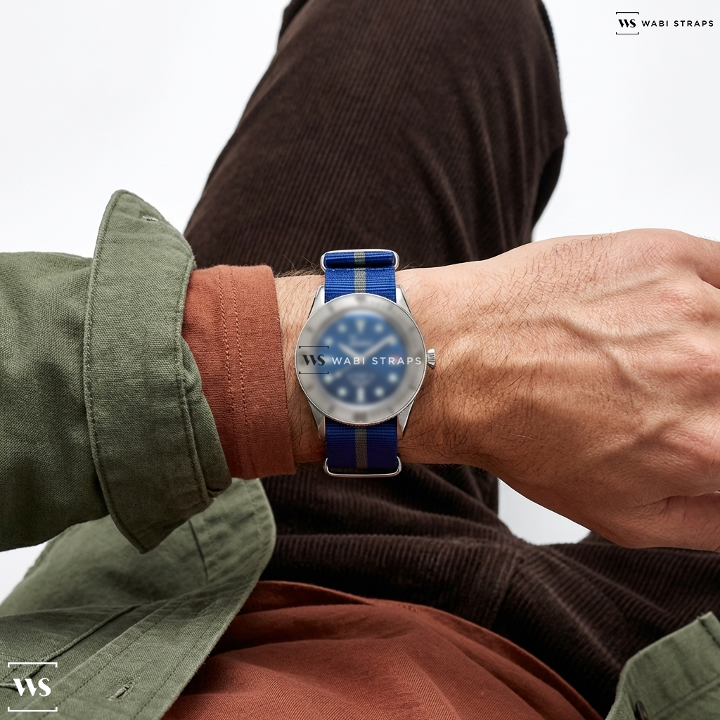 Blue/Grey 2 Thick 1 Thin Stripe Nylon Watch Strap on Squale Sub-39 SuperBlue
