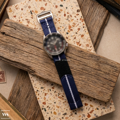 Blue/Grey 1-Stripe Nylon Watch Strap on Seiko 5 Sports SKX Sports Style GMT