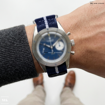Blue/Grey 1-Stripe Nylon Watch Strap on Lorier x Worn & Wound Collaboration