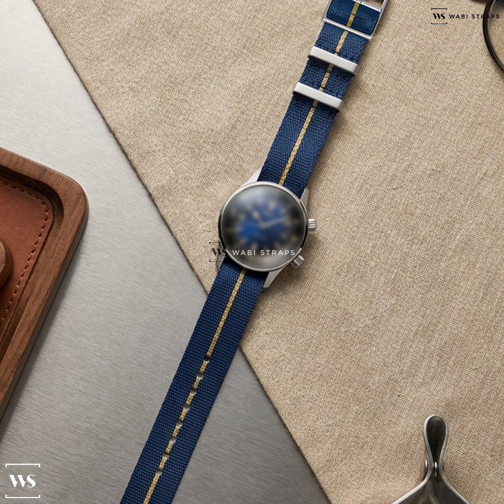 Blue/Brown 3-Stripe Nylon Watch Strap on Longines Legend Diver 42mm Mens Watch L37744902