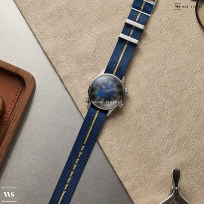 Blue/Brown 3-Stripe Nylon Watch Strap on Longines Legend Diver 42mm Mens Watch L37744902