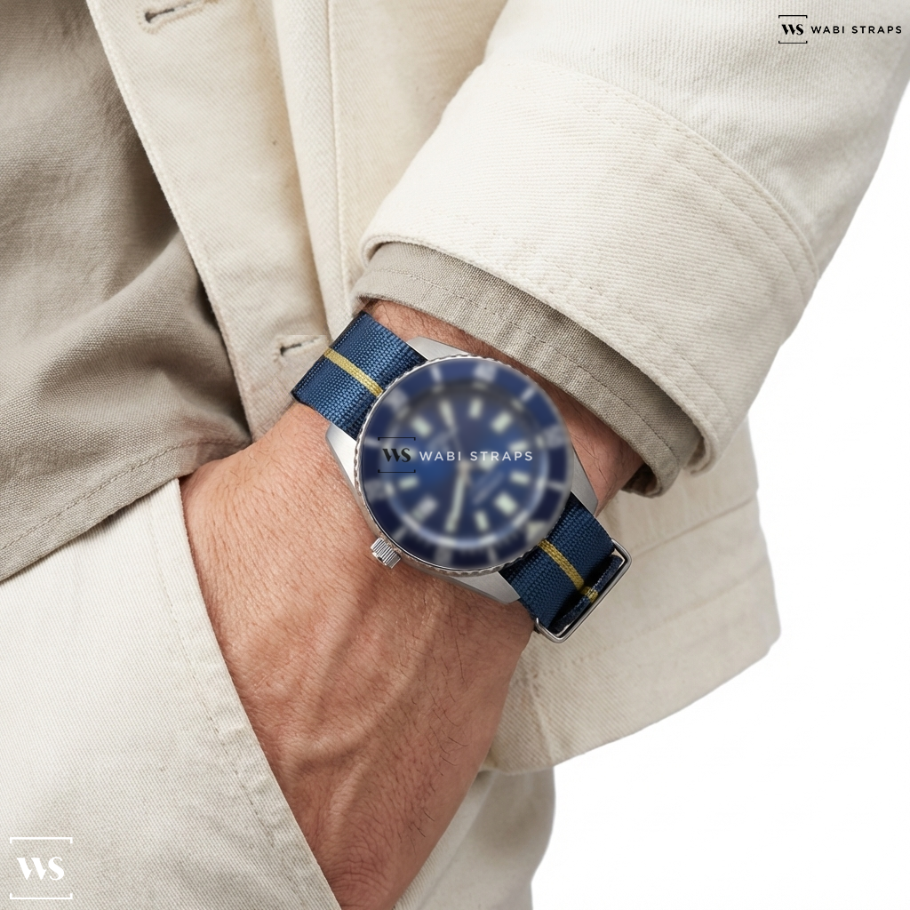 Blue/Brown 3-Stripe Nylon Watch Strap on Citizen Promaster Dive Fujitsubo Automatic