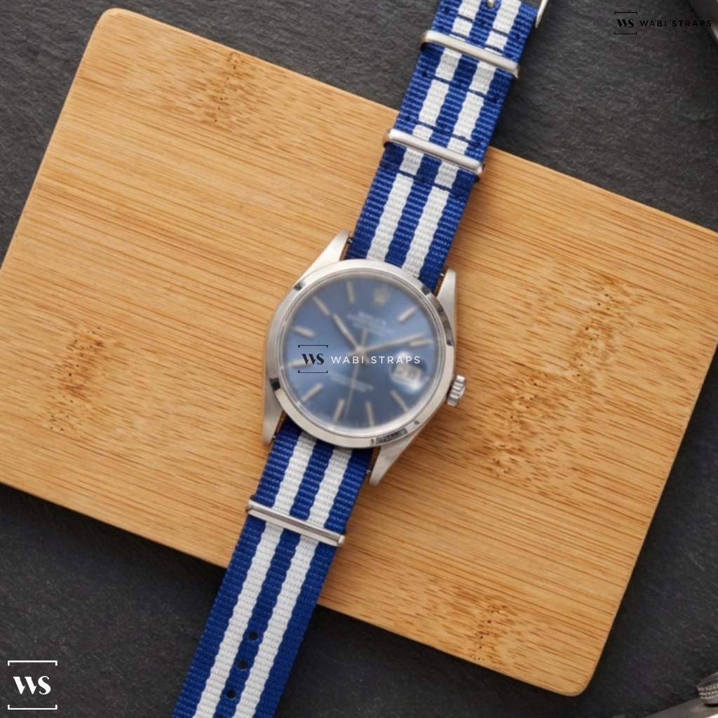 Blue 5 Stripes Nylon Watch Strap on Rolex Date 1500 Blue Dial