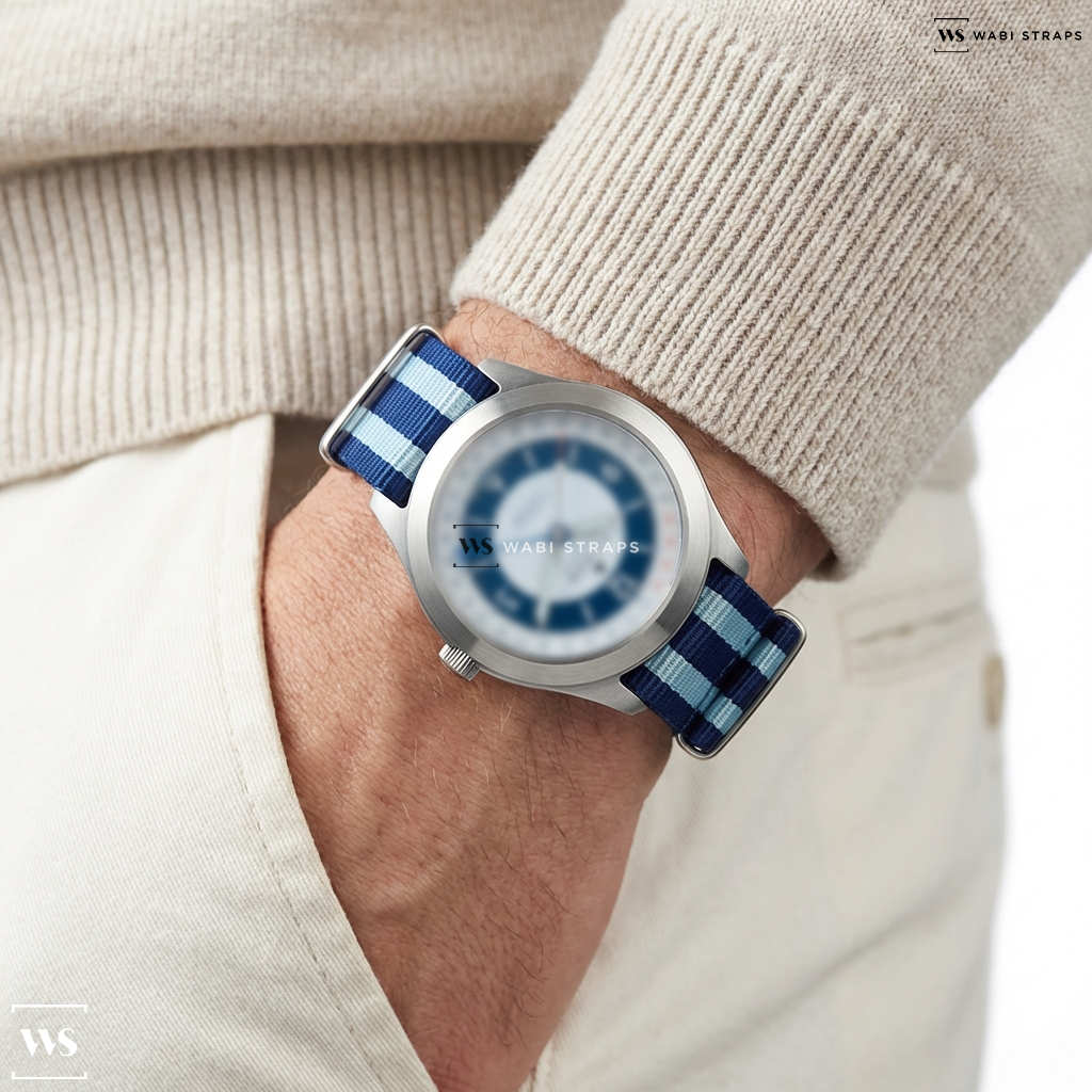 Blue 5 Stripes Nylon Watch Strap on Farer Universal Pembroke Field Pointer Date