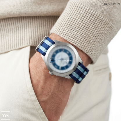 Blue 5 Stripes Nylon Watch Strap on Farer Universal Pembroke Field Pointer Date
