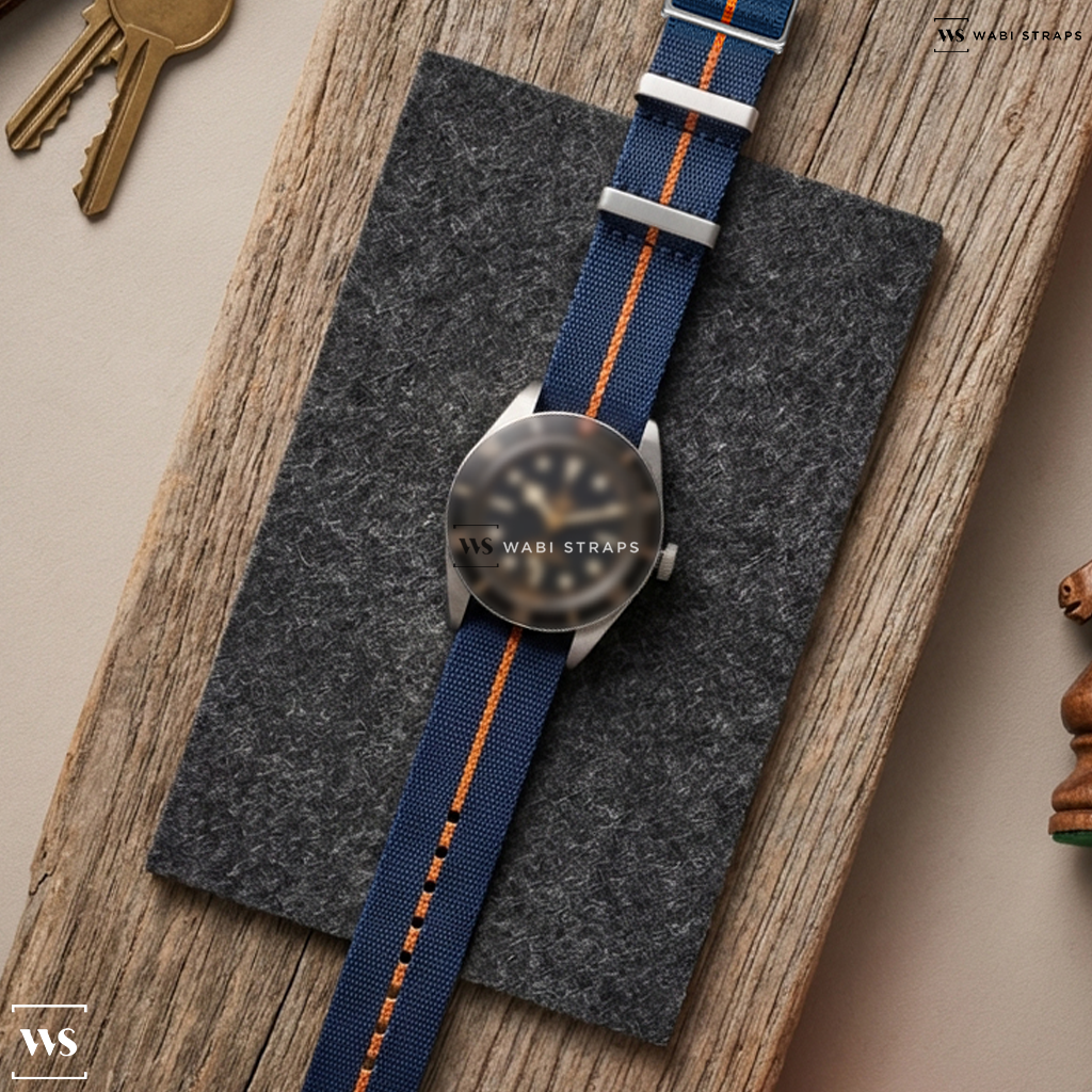 Blue/Orange 3-Stripe Nylon Watch Strap on Tudor Black Bay Fifty-Eight M79030N-0003