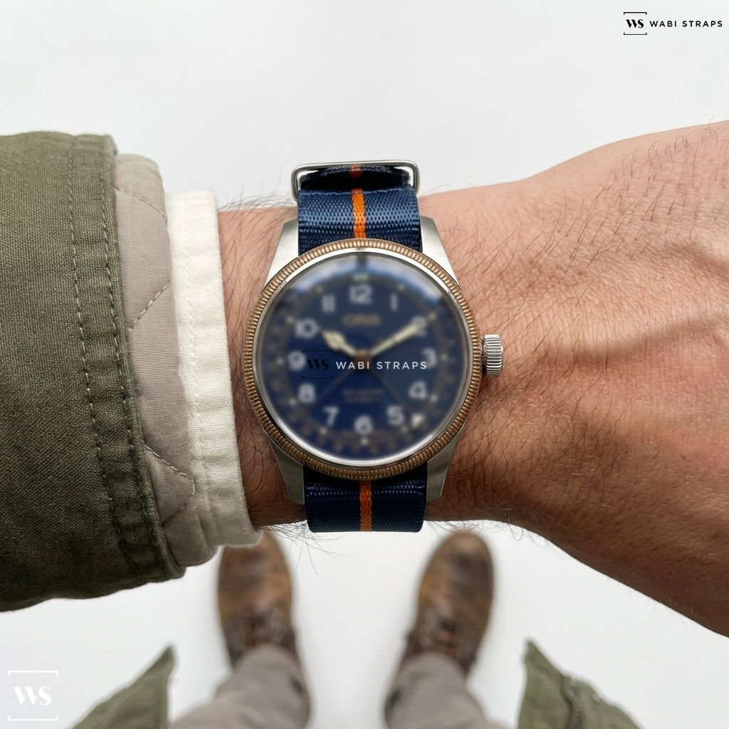 Blue/Orange 3-Stripe Nylon Watch Strap on Oris Big Crown Pointer Date