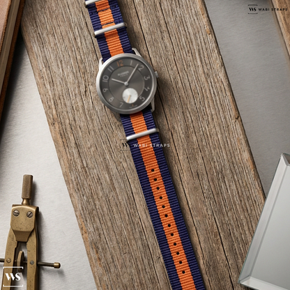 Blue/Orange 3 Stripes Nylon Watch Strap on Hermes Slim d'Hermes Titane Anthracite Dial