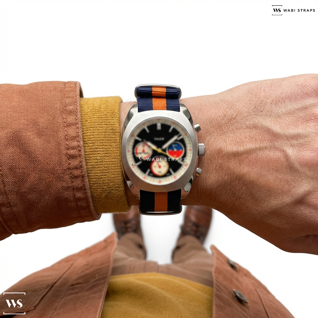 Blue/Orange 3 Stripes Nylon Watch Strap on VAER | R1 USA Chronograph: 38mm