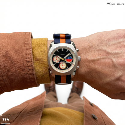 Blue/Orange 3 Stripes Nylon Watch Strap on VAER | R1 USA Chronograph: 38mm