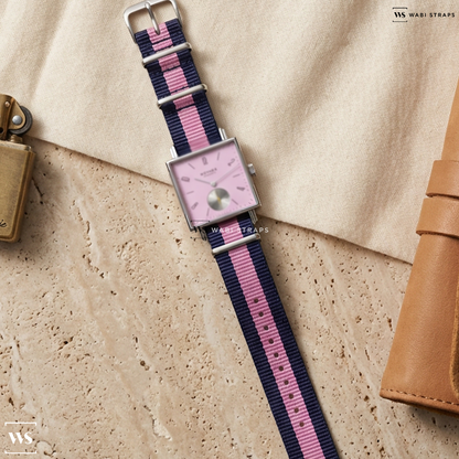 Blue/Pink 3 Stripes Nylon Watch Strap on Nomos Glashutte Tetra Die 476 Square Case Pastel Pink Dial