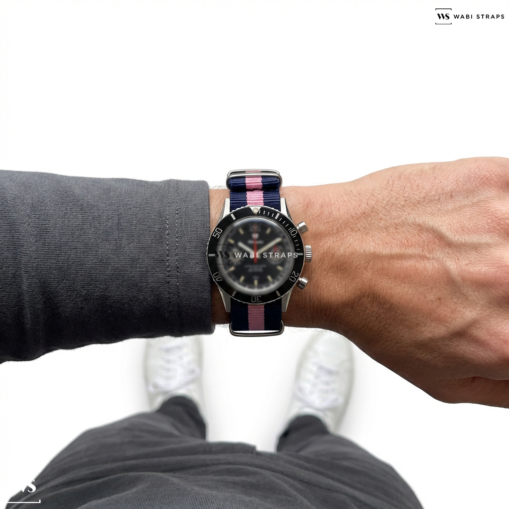 Blue/Pink 3 Stripes Nylon Watch Strap on Nivada Chronoking Date
