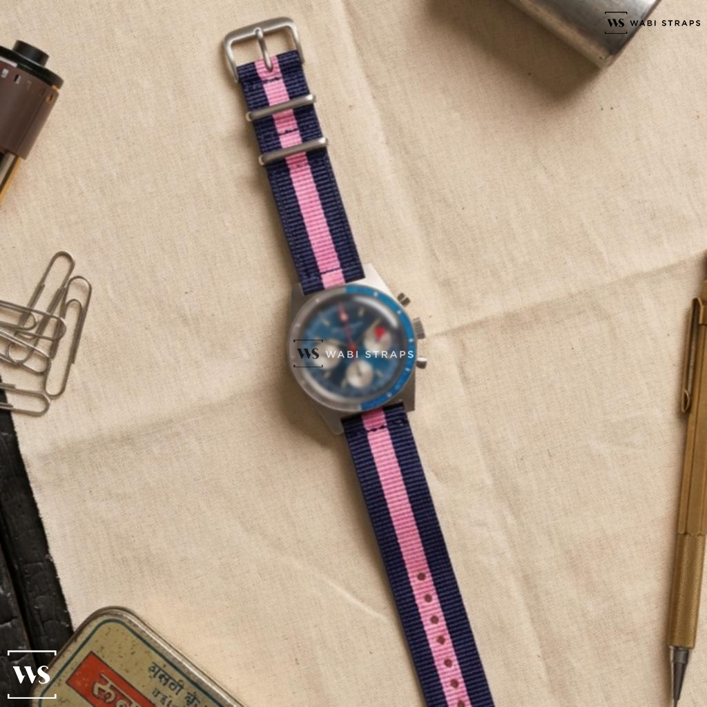 Blue/Pink 3 Stripes Nylon Watch Strap on Jacquet Monmat Vintage Chronograph Rotating Bezel Blue Dial