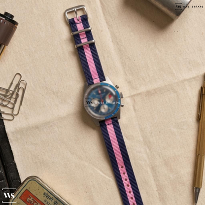 Blue/Pink 3 Stripes Nylon Watch Strap on Jacquet Monmat Vintage Chronograph Rotating Bezel Blue Dial