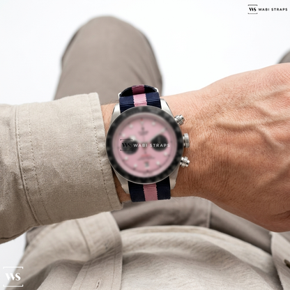 Blue/Pink 3 Stripes Nylon Watch Strap on TUDOR Black Bay Chrono "Pink"