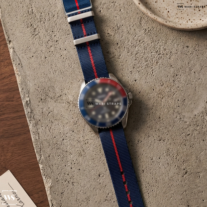 Blue/Red 3-Stripe Nylon Watch Strap on Seiko Prospex Solar Dive Watch with Sapphire Crystal, Pepsi Bezel and Black Dial #SNE591