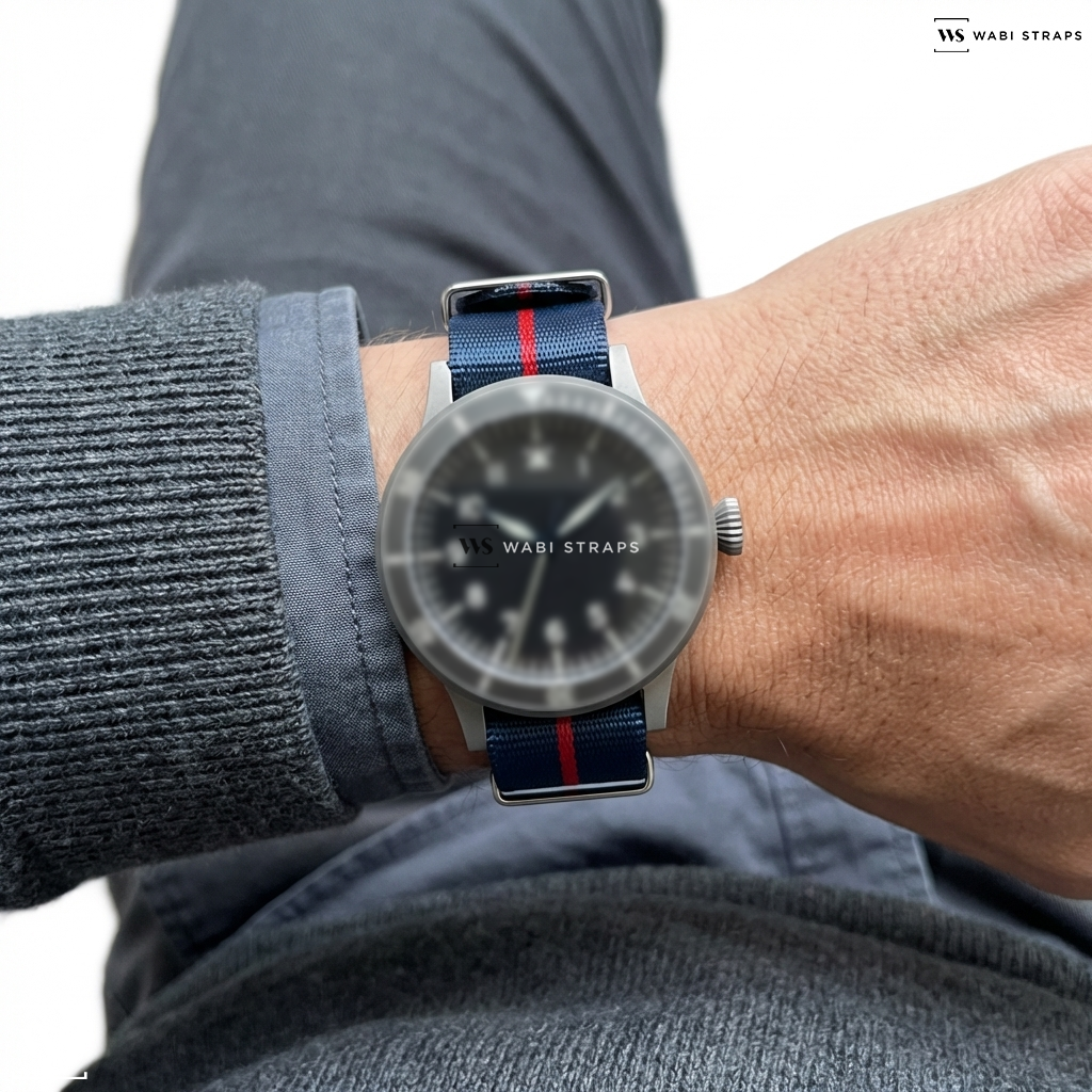 Blue/Red 3-Stripe Nylon Watch Strap on Laco Münster 42