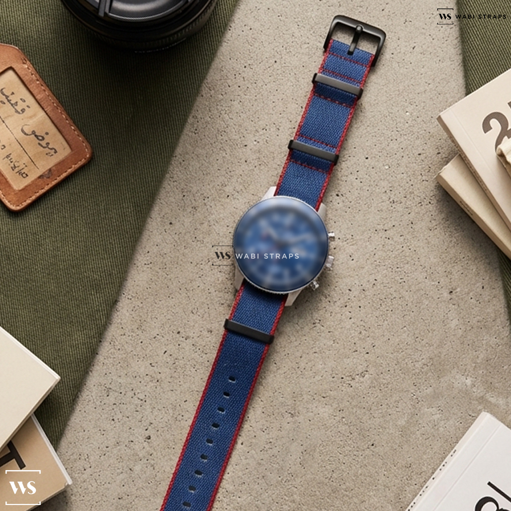 Blue/Red Trim Edge Nylon Watch Strap on Fortis Novonaut