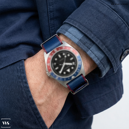 Blue/Red Trim Edge Nylon Watch Strap on Bausele GMT Diver Liqui Moly