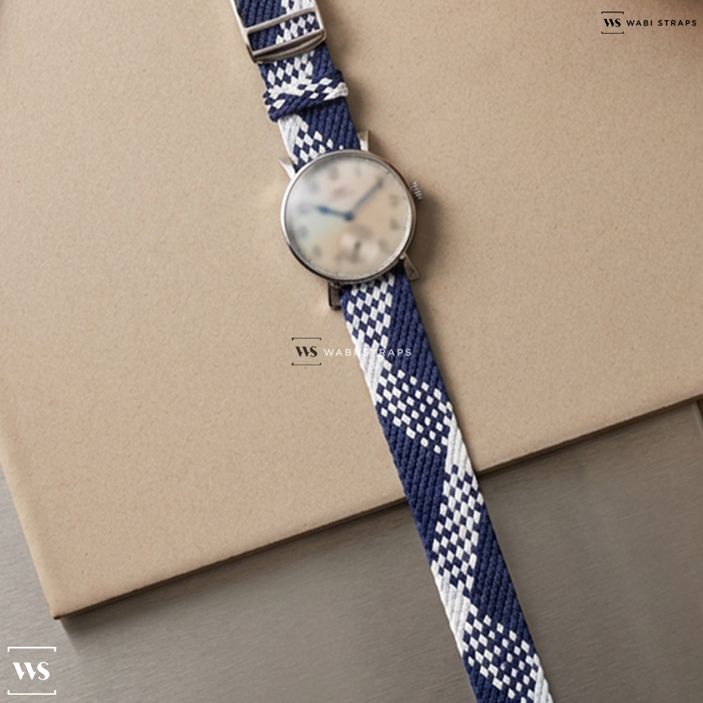 Blue/White Interwoven Contrast Nylon Watch Strap on Vintage Flexo Doce Linead Dress Watch Fancy Lugs