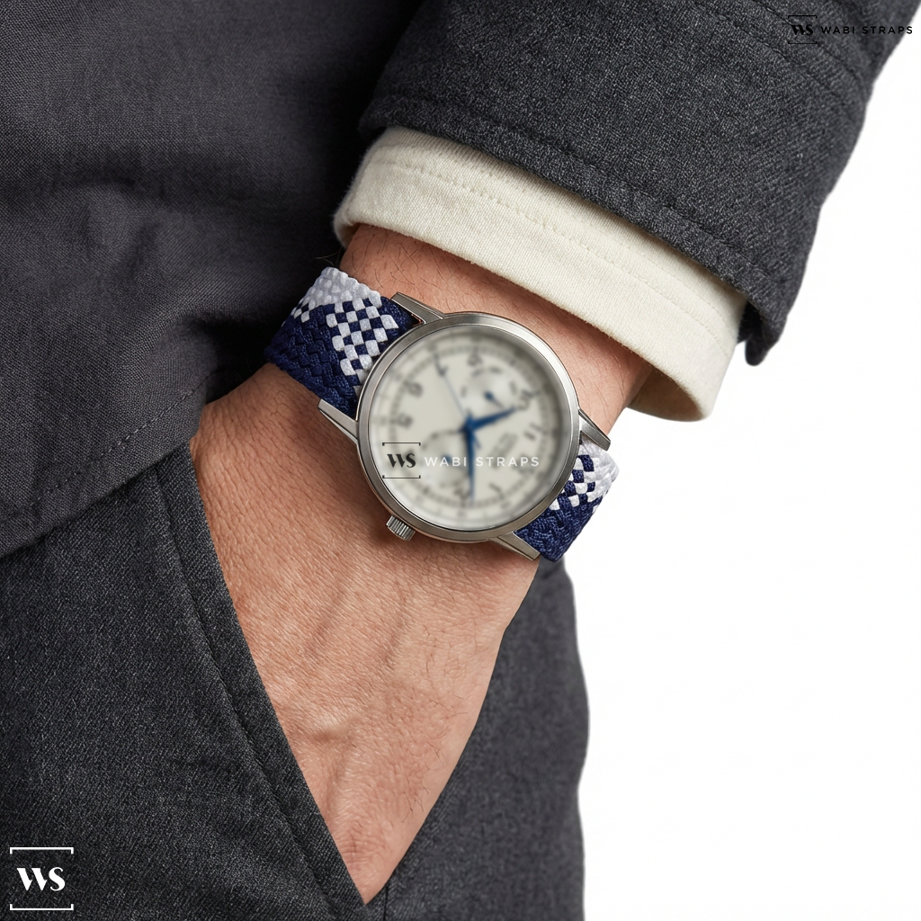 Blue/White Interwoven Contrast Nylon Watch Strap on Citizen Eco-Drive Corso Mens Watch