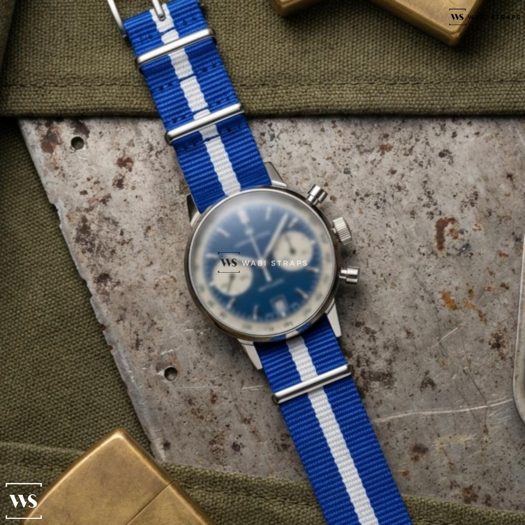 Blue/White 2 Thick 1 Thin Stripe Nylon Watch Strap on Hamilton Classic Intramatic Auto Chronograph Blue Dial Cream Subdial