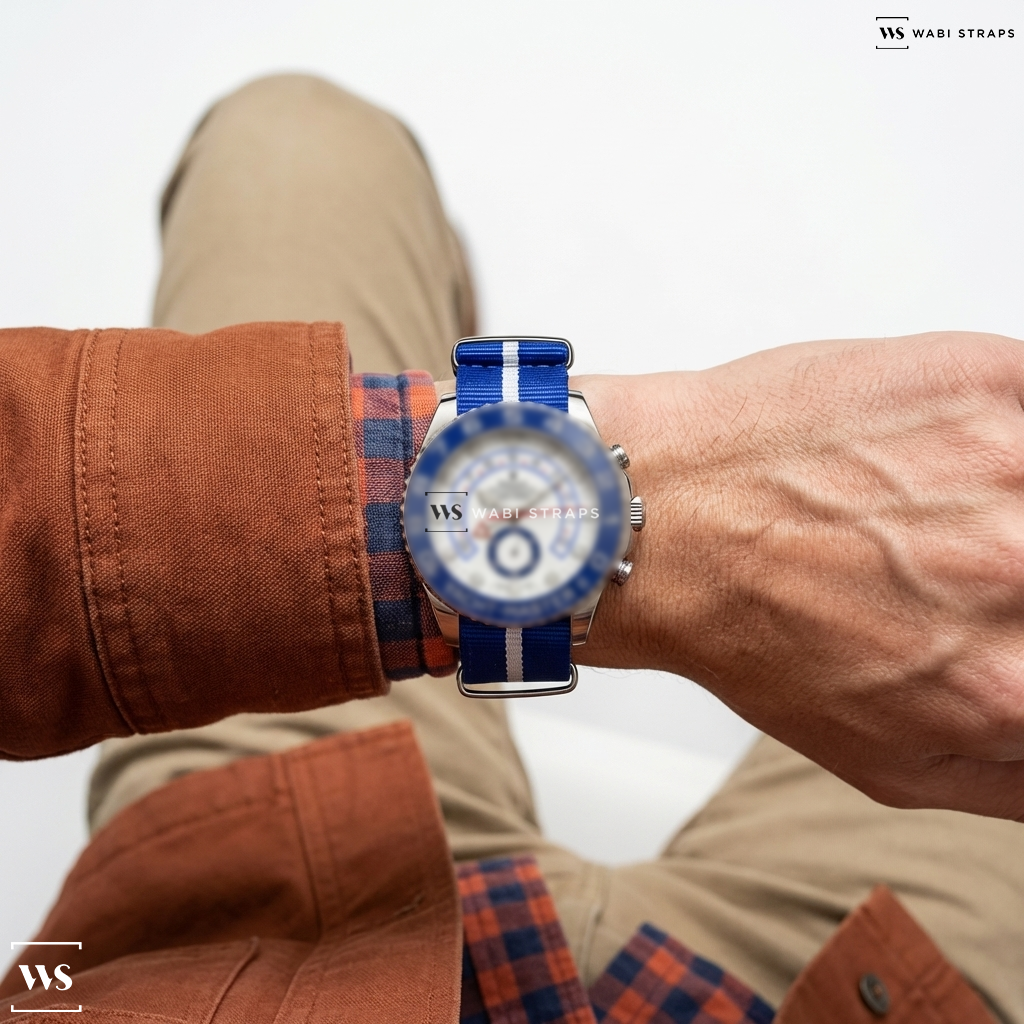 Blue/White 2 Thick 1 Thin Stripe Nylon Watch Strap on Rolex Yacht-Master II, m116680-0002