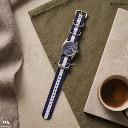 Blue/White 3 Stripes Nylon Watch Strap on Rolex Datejust Blue Dial
