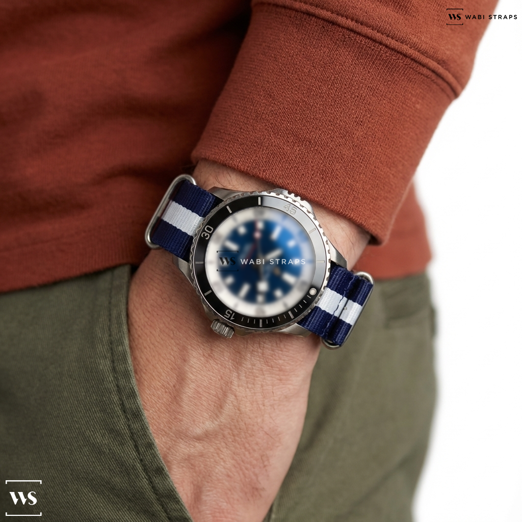Blue/White 3 Stripes Nylon Watch Strap on Breitling 1884 Superocean