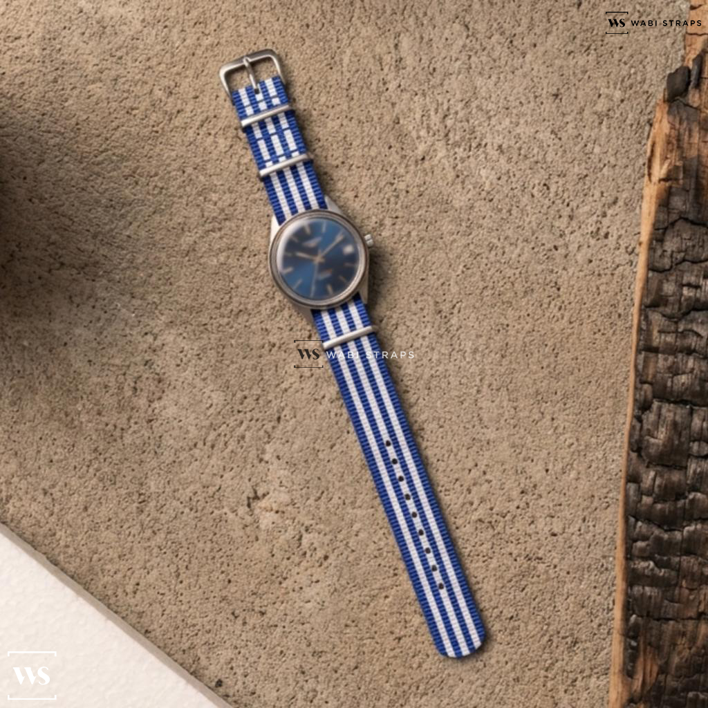Blue/White 7 Stripes Nylon Watch Strap on Longines Vintage Automatic Admiral Blue Dial