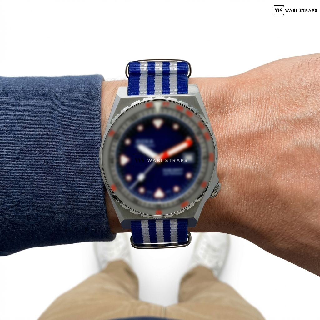 Blue/White 7 Stripes Nylon Watch Strap on Doxa Sub 600T 'Caribbean'