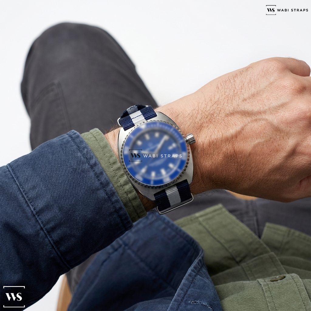 Blue/White 3 Stripes Nylon Watch Strap on AQUADIVE 100 BLUE Edition