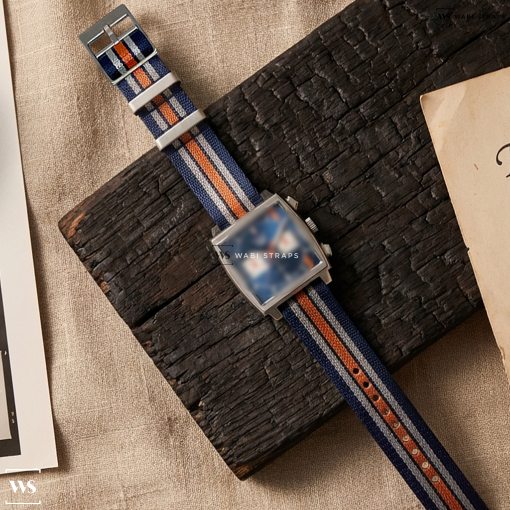 Blue/Orange/White 5-Stripe Nylon Watch Strap on Tag Heuer Monaco Gulf Special Edition 39mm Mens Watch CBL2115.FC6494