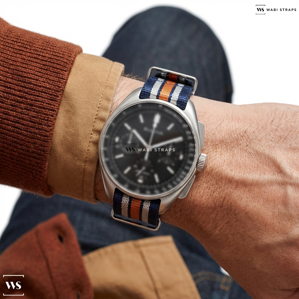 Blue/Orange/White 5-Stripe Nylon Watch Strap on Benrus Orbit Robot Skindiver