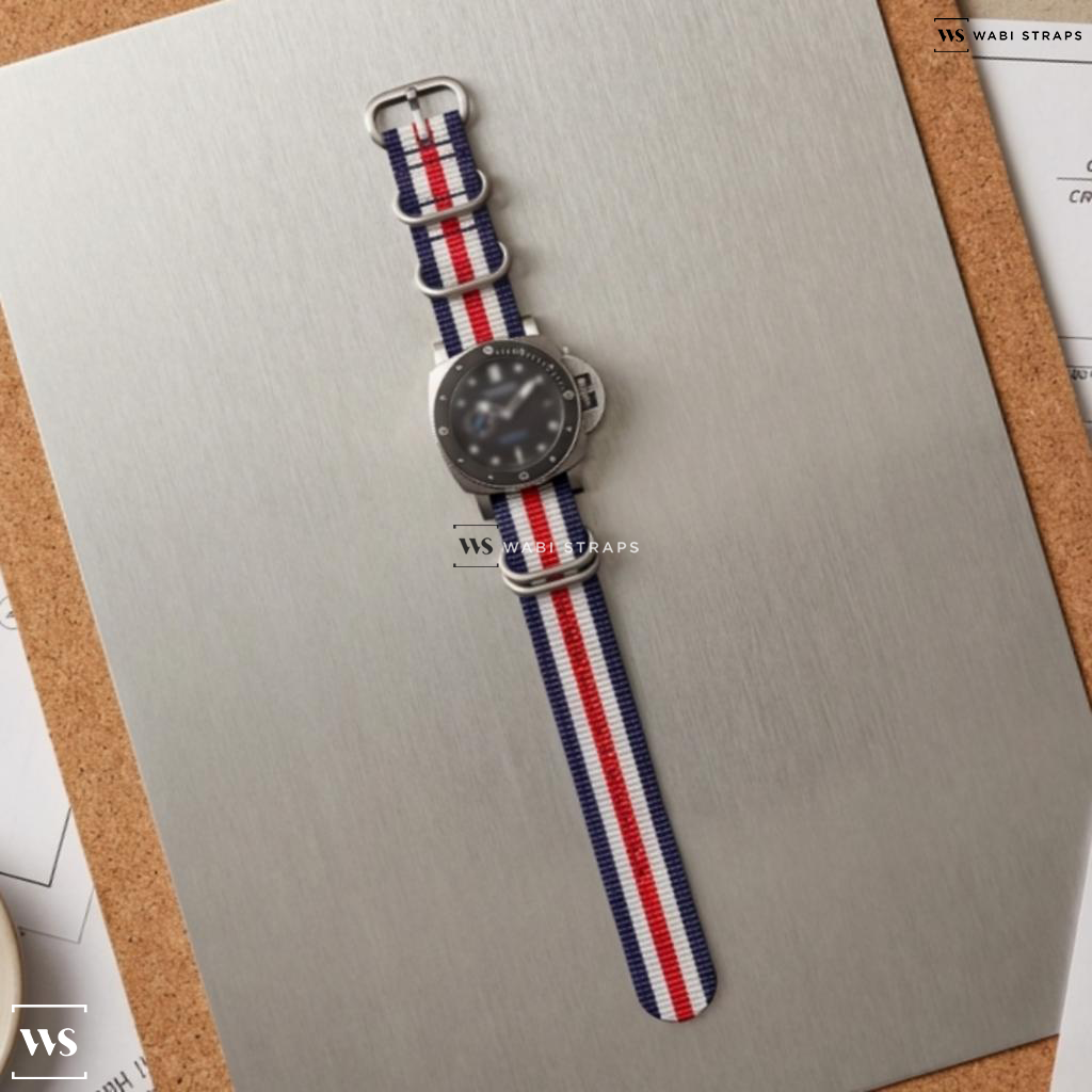 Blue/Red/White 5 Stripes Nylon Watch Strap on Panerai Submersible Automatic