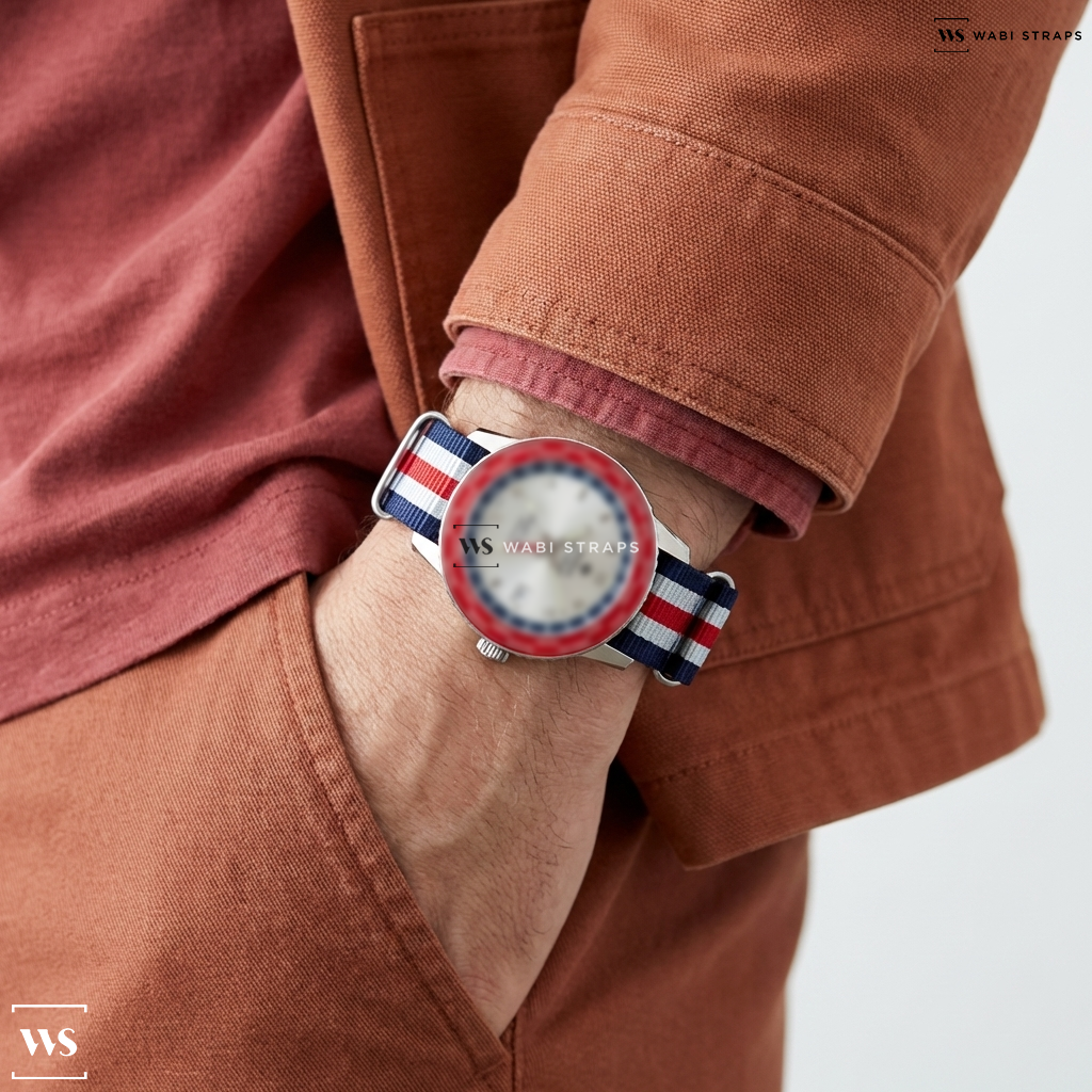 Blue/Red/White 5 Stripes Nylon Watch Strap on Zodiac Super Seawolf World Timer