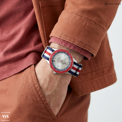 Blue/Red/White 5 Stripes Nylon Watch Strap on Zodiac Super Seawolf World Timer