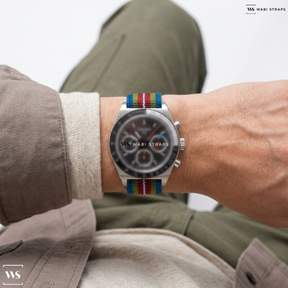 Blue/Red/White/Yellow 7-Stripes Nylon Watch Strap on Tissot PR516 Mechanical