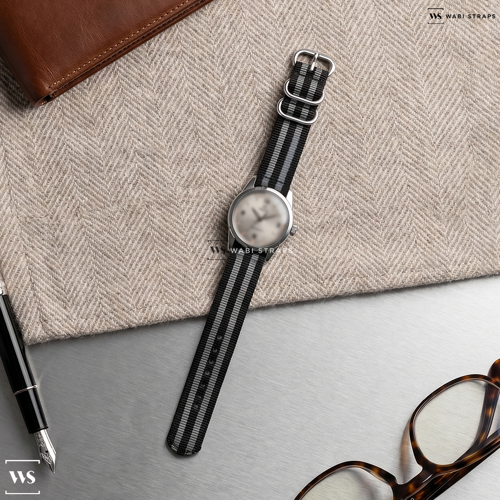 Black/Grey 5 Stripes Nylon Watch Strap on Omega Seamaster Two Tone Explorer Dial