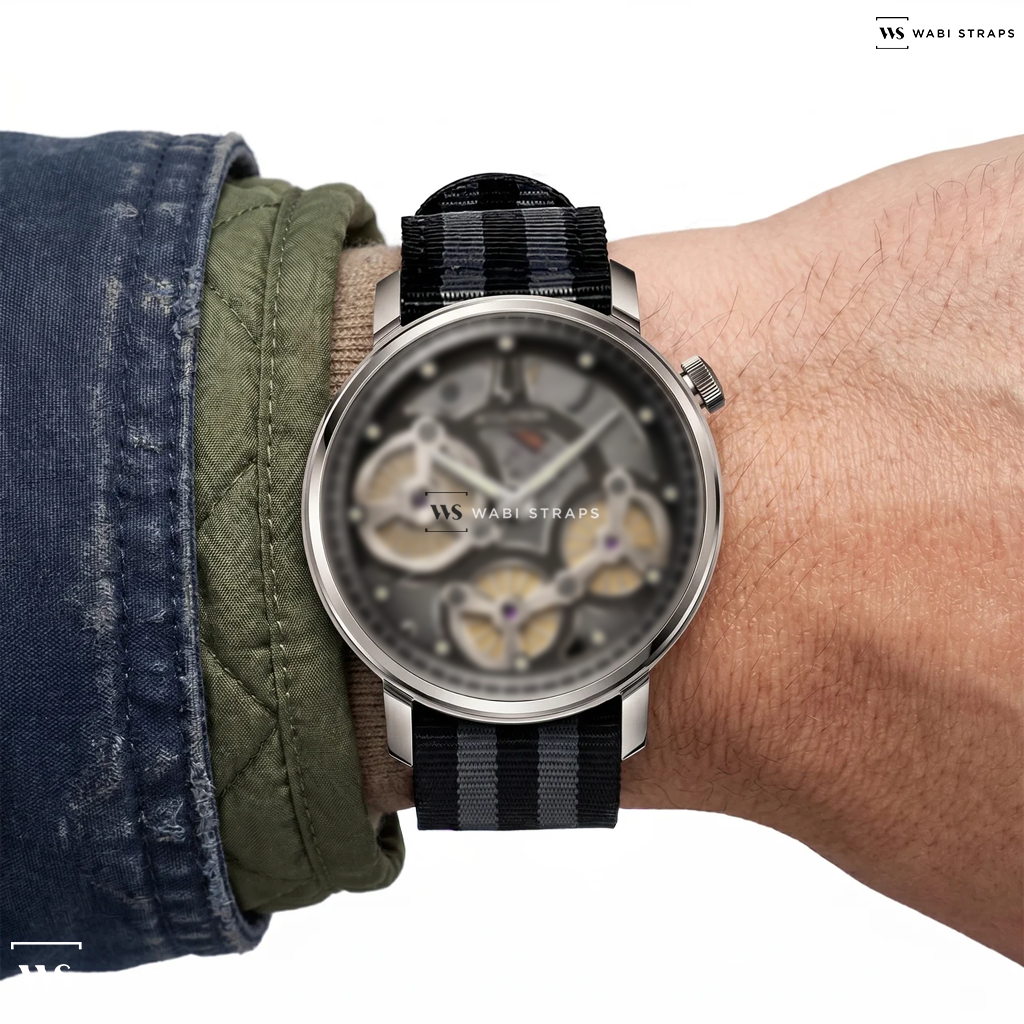 Black/Grey 5 Stripes Nylon Watch Strap on Spaceview Evolution Watch 26A210 | ACCUTRON