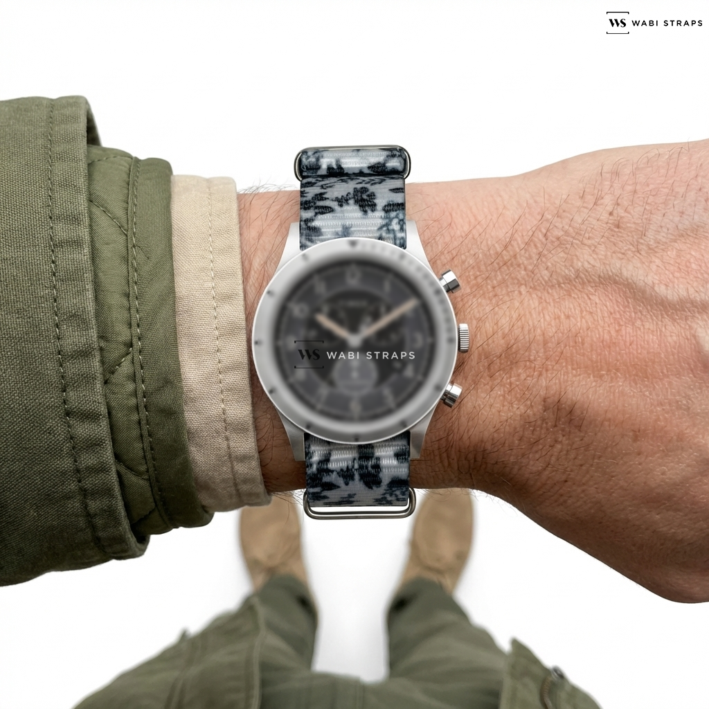 Black/White Graphic Print Nylon Watch Strap on Waterbury Traditional Chronograph 42mm