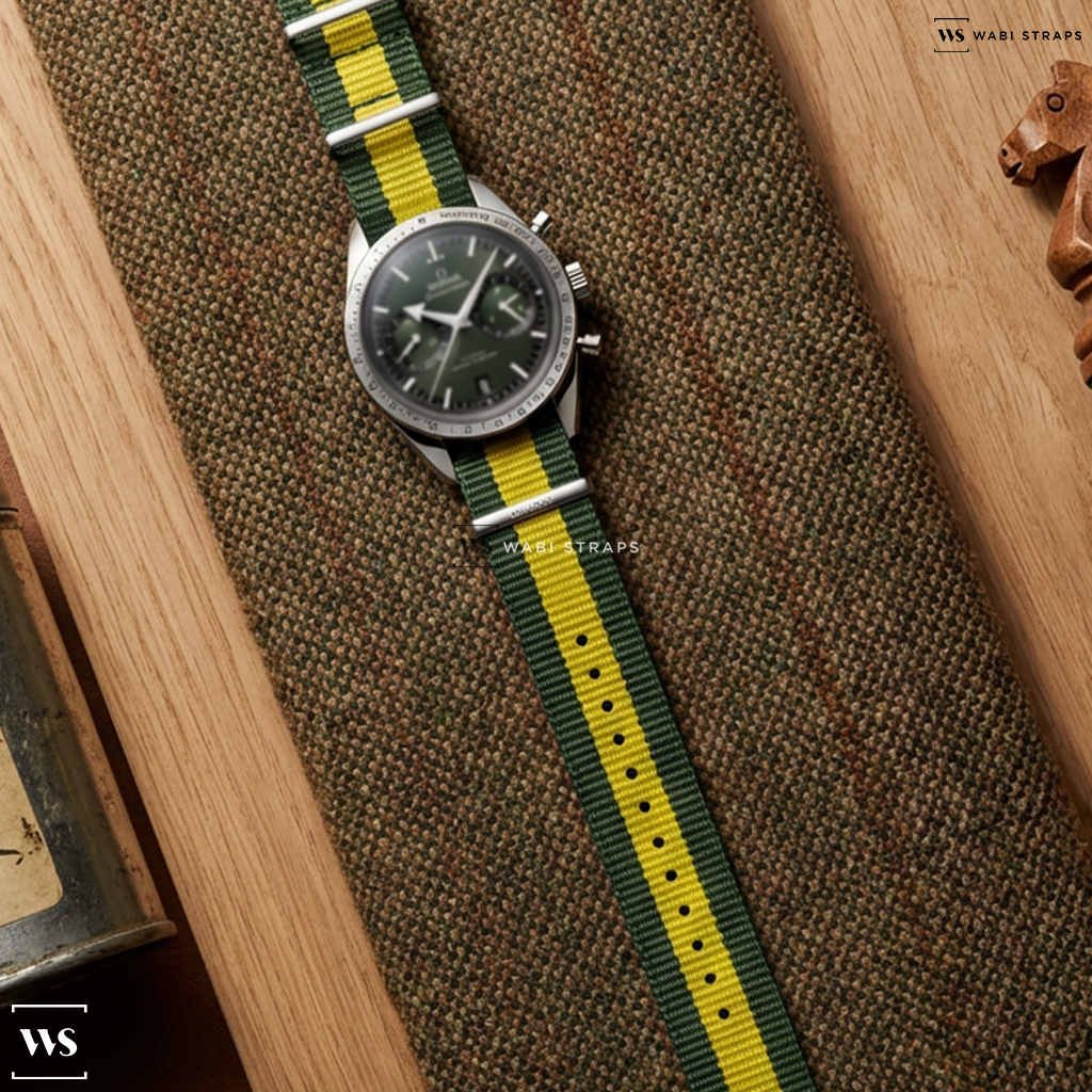 Green/Yellow 3 Stripes Nylon Watch Strap on Omega Speedmaster 57 Co Axial Green Dial