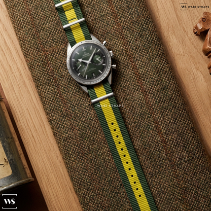 Green/Yellow 3 Stripes Nylon Watch Strap on Omega Speedmaster 57 Co Axial Green Dial