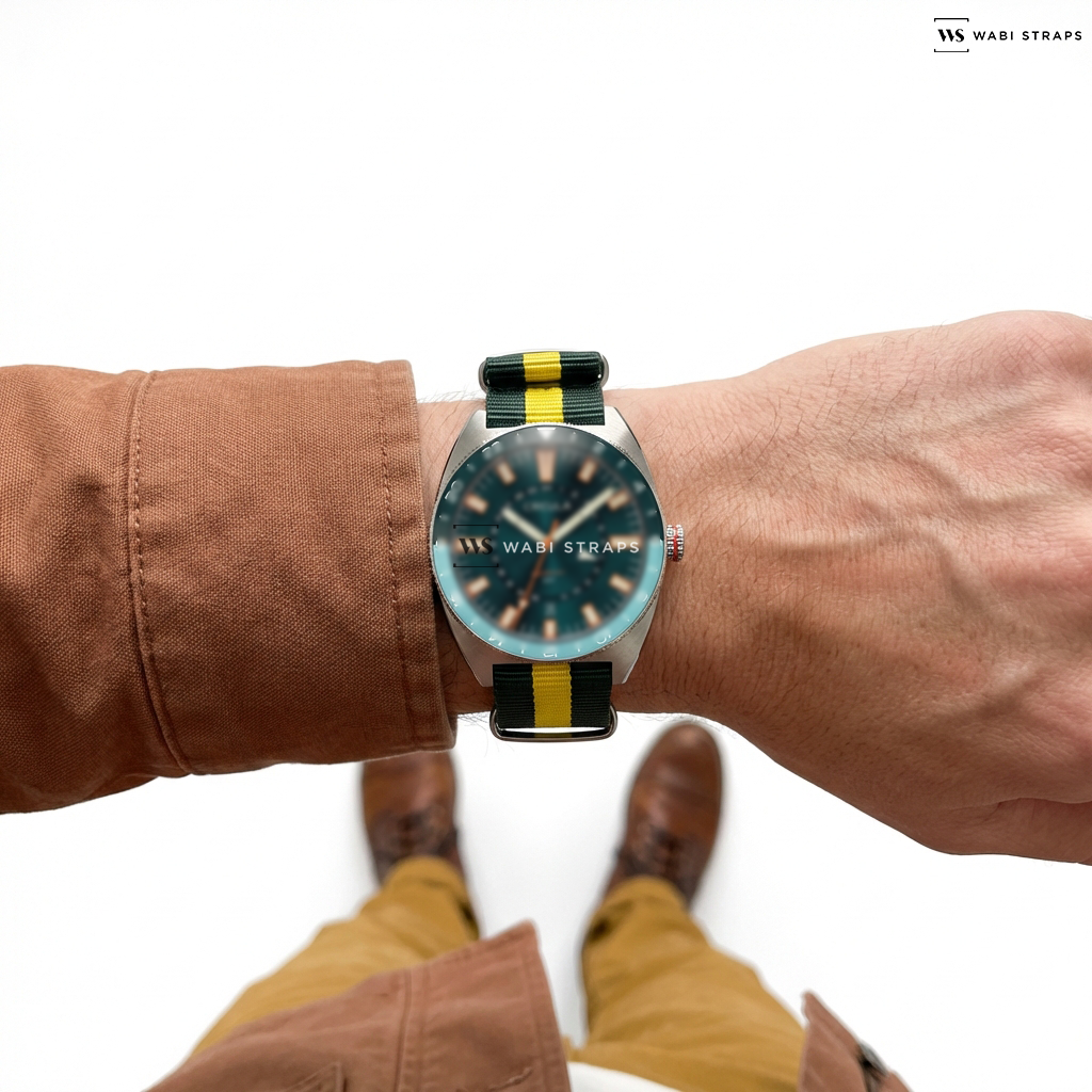 Green/Yellow 3 Stripes Nylon Watch Strap on Circula AquaSport GMT Dive Watch, Automatic, Sellita SW330