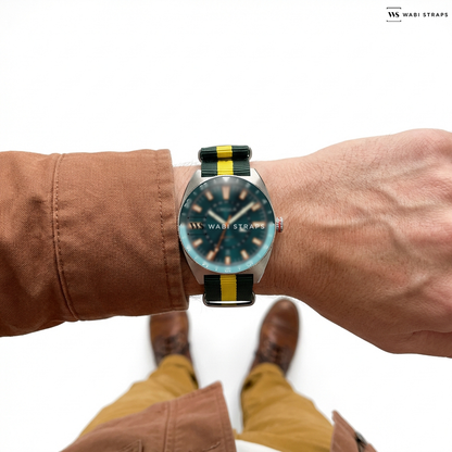 Green/Yellow 3 Stripes Nylon Watch Strap on Circula AquaSport GMT Dive Watch, Automatic, Sellita SW330