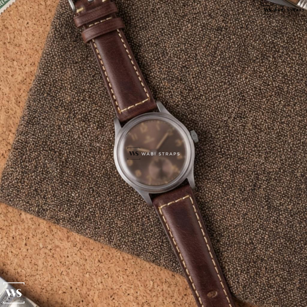 Brown Aged Rustic Leather Watch Strap on Omega Subsecond Vintage