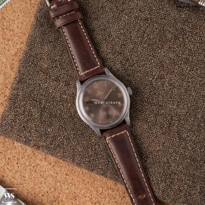 Brown Aged Rustic Leather Watch Strap on Omega Subsecond Vintage