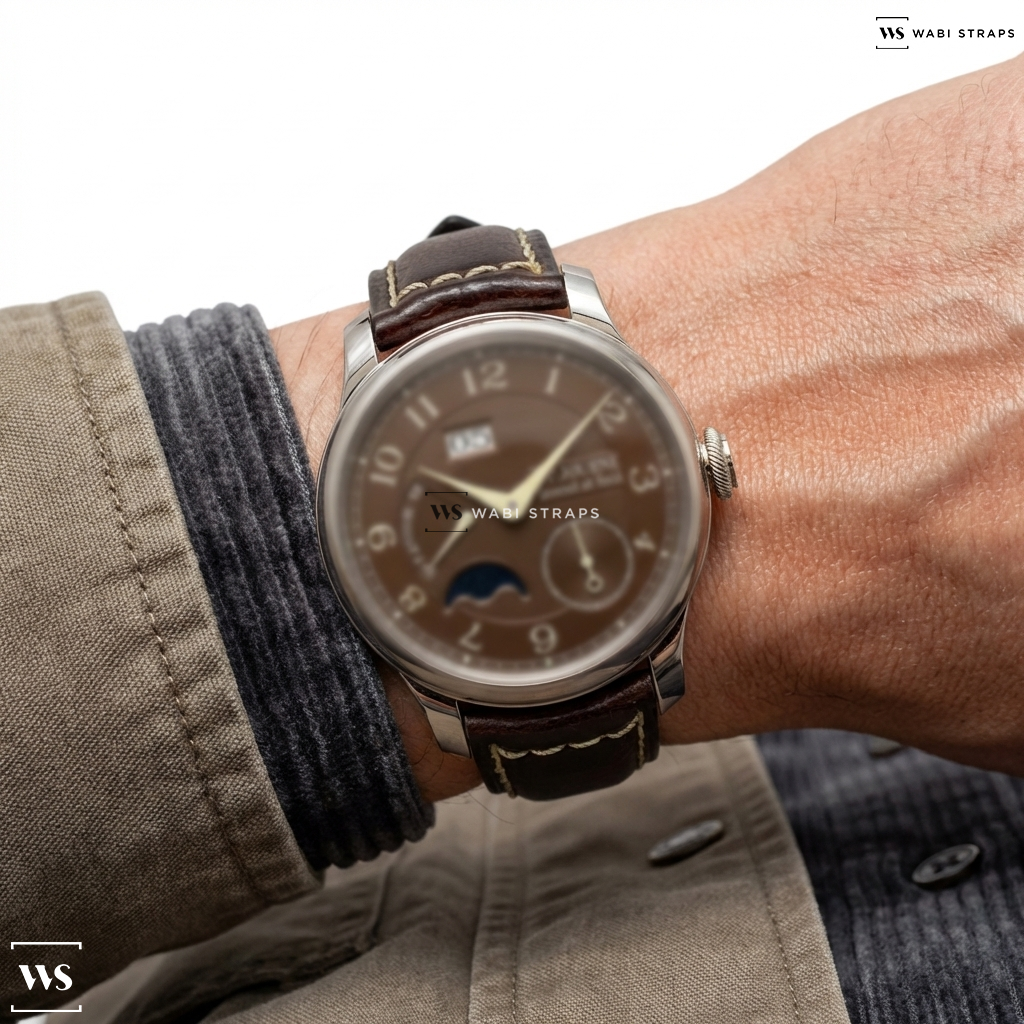 Brown Aged Rustic Leather Watch Strap on FP Journe Moonphase Chocolate