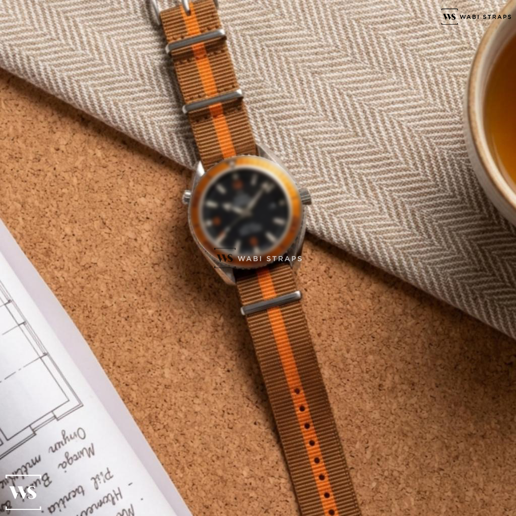 Brown/Orange 2 Thick 1 Thin Stripe Nylon Watch Strap on Omega Seamaster Planet Ocean 600m Orange Bezel