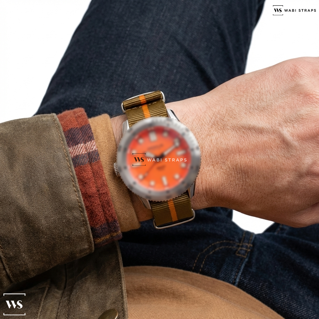 Brown/Orange 2 Thick 1 Thin Stripe Nylon Watch Strap on Nodus Sector Deep Random Rob Limited Edition